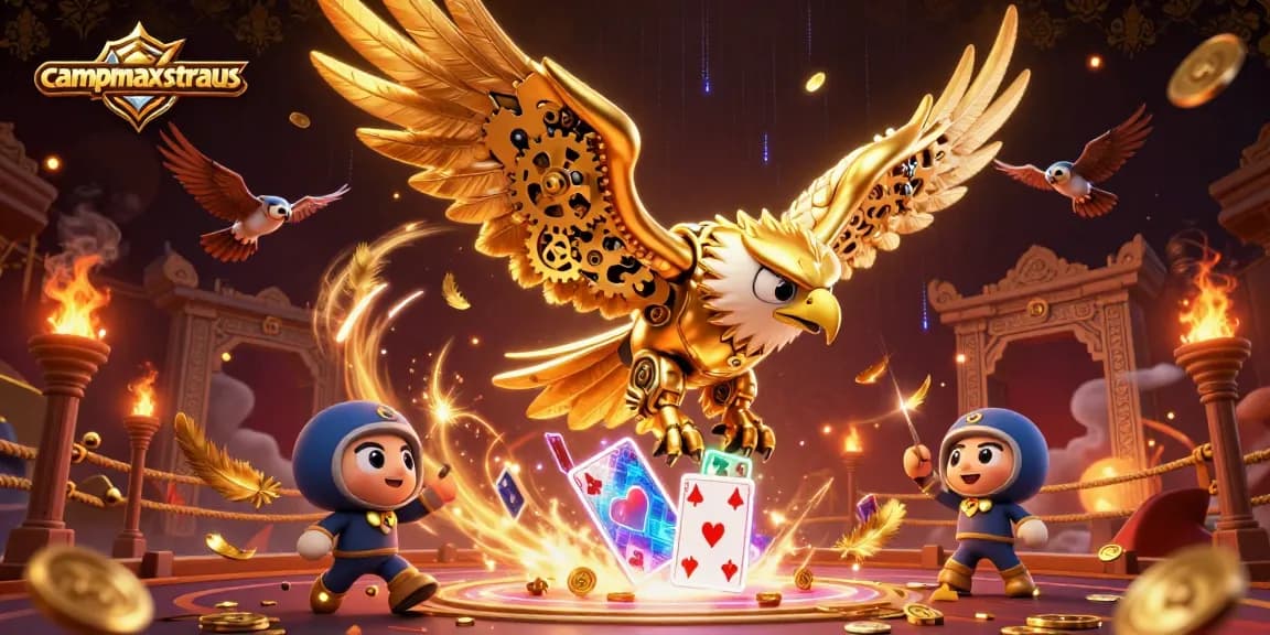 Bermain slot online di campmaxstraus dengan burung elang cybernetic dan kartu holografik yang mencolok.