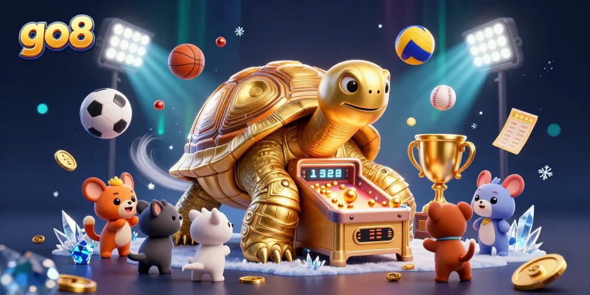 Experience thrilling gameplay at go8, featuring a vibrant 3D casino scene with golden tortoise and dynamic sports elements.