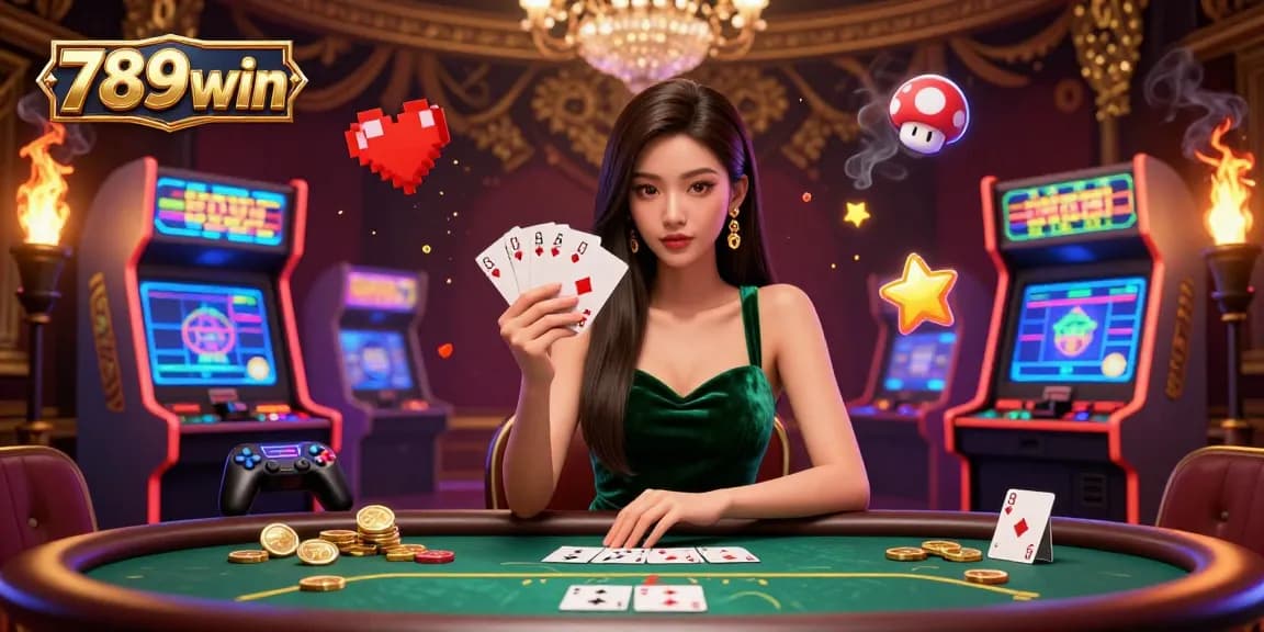 Engage in thrilling gameplay at 789win, where a serene poker scene unfolds with vibrant arcade elements.