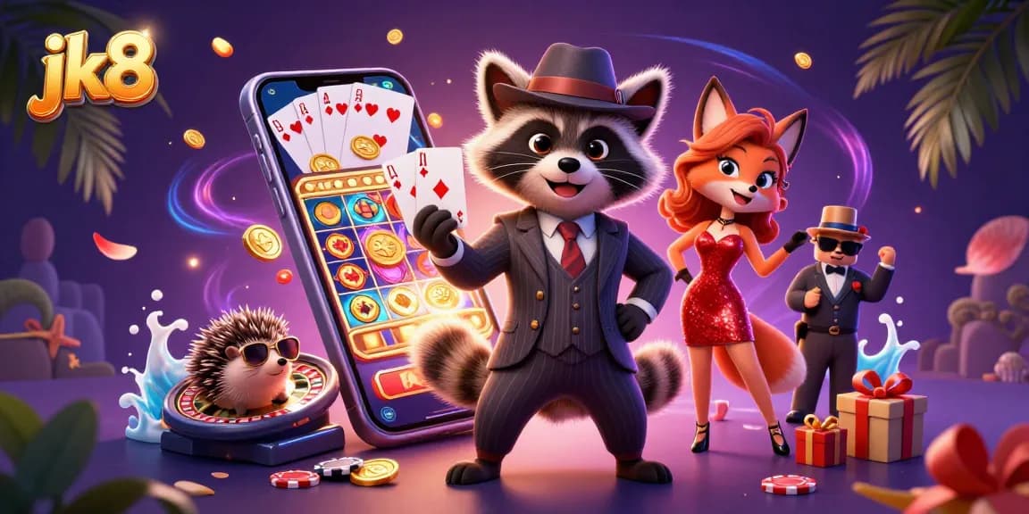 Experience the thrill of jk8 as a raccoon, fox, and hedgehog celebrate gaming excitement with slot games and riches.