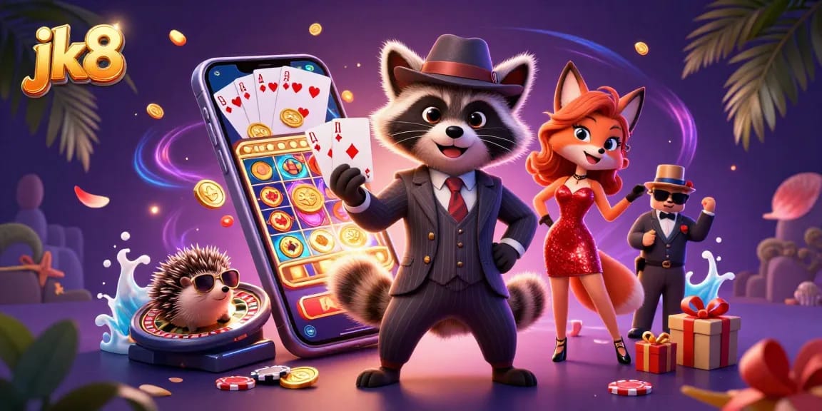 Experience the thrill of jk8 as a raccoon, fox, and hedgehog celebrate gaming excitement with slot games and riches.
