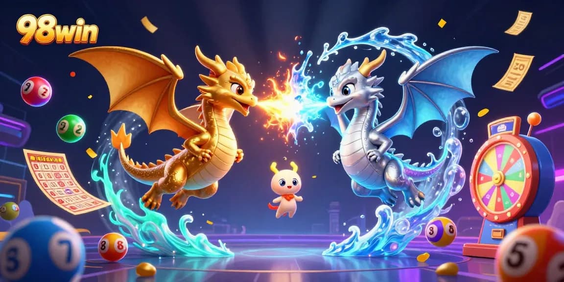 Experience thrilling wins at 98win with dynamic lottery games amidst dragons and vivid casino elements.