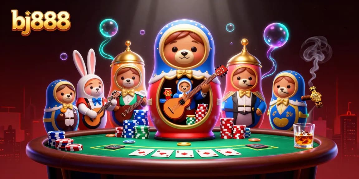 Experience the thrilling atmosphere of bj888 as festive 3D characters host an exciting casino scene.