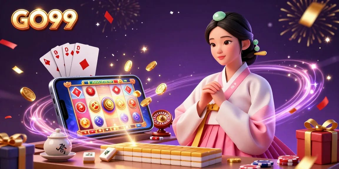Play slot games at GO99 with an elegant Asian woman celebrating amid vibrant casino elements.