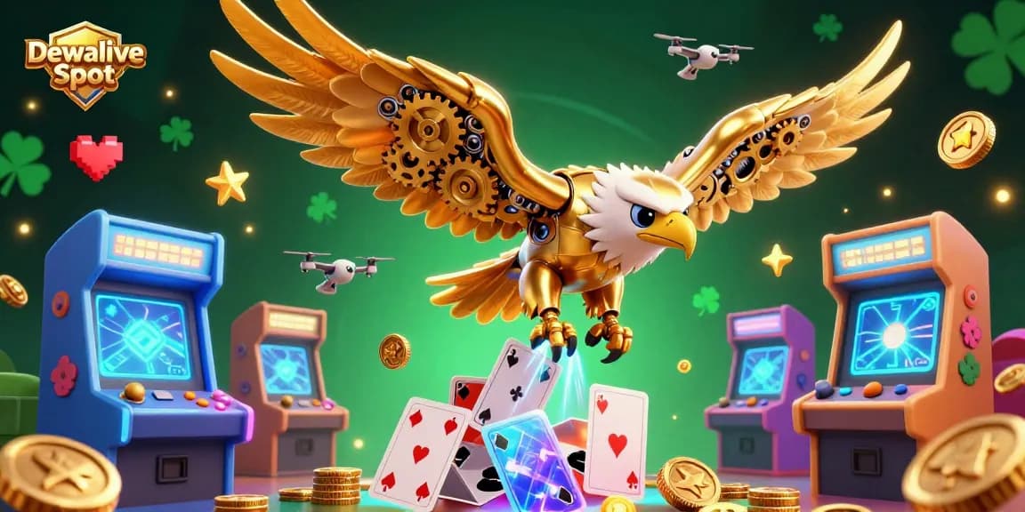Dewalive Slot showcases thrilling gaming elements with a dynamic cybernetic eagle and vibrant arcade designs.
