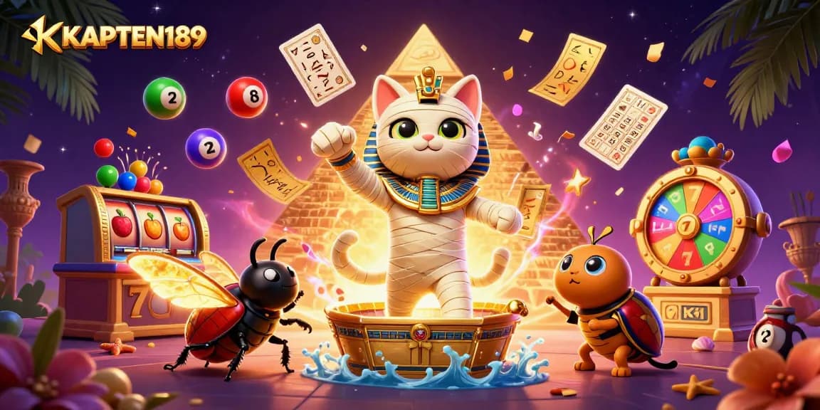 KAPTEN189 menampilkan kucing mummy kartun 3D di kasino dengan simbol slot dan jackpot.