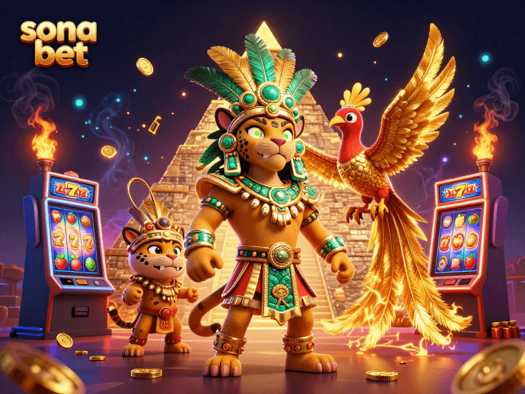 Engage with sona bet's thrilling slot games featuring a Mayan priest and vibrant casino elements.