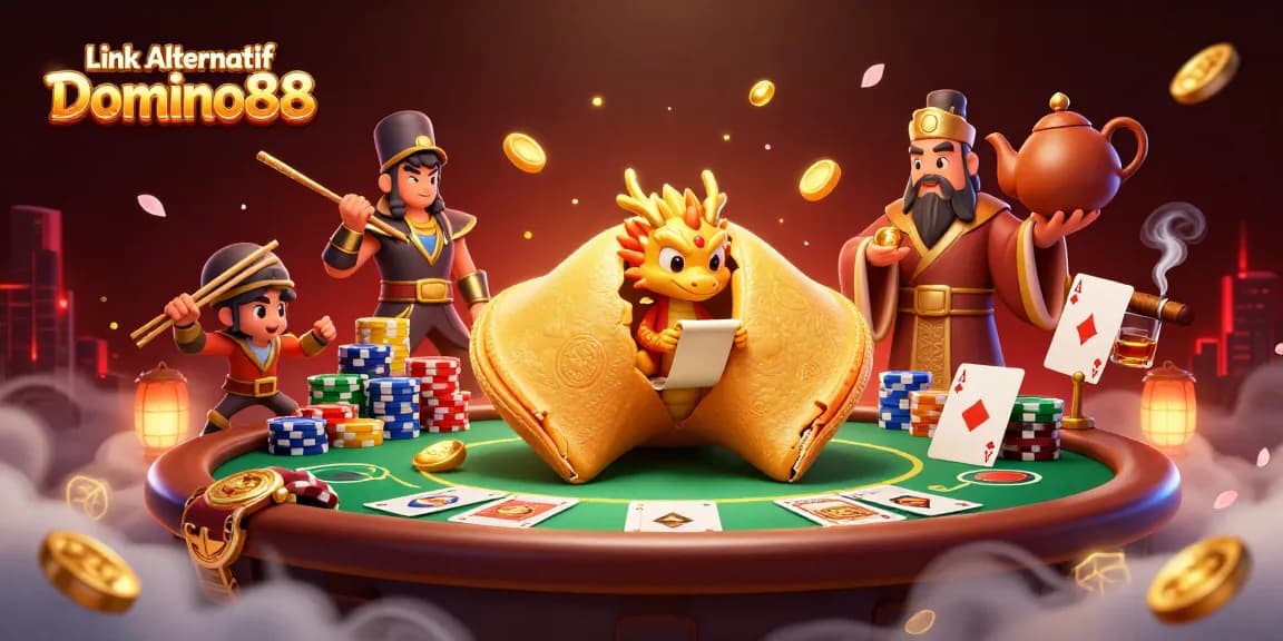 Experience the excitement of Link Alternatif Domino88 with vibrant illustration showcasing a fortune cookie and poker elements.