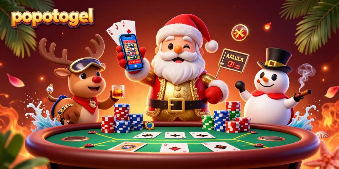 Experience popotogel excitement with Santa and friends at a vibrant casino scene.