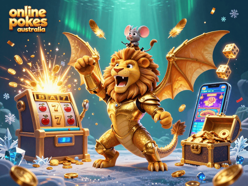 Spin to win with online pokies australia featuring a chimera and gold coins bursting with excitement.