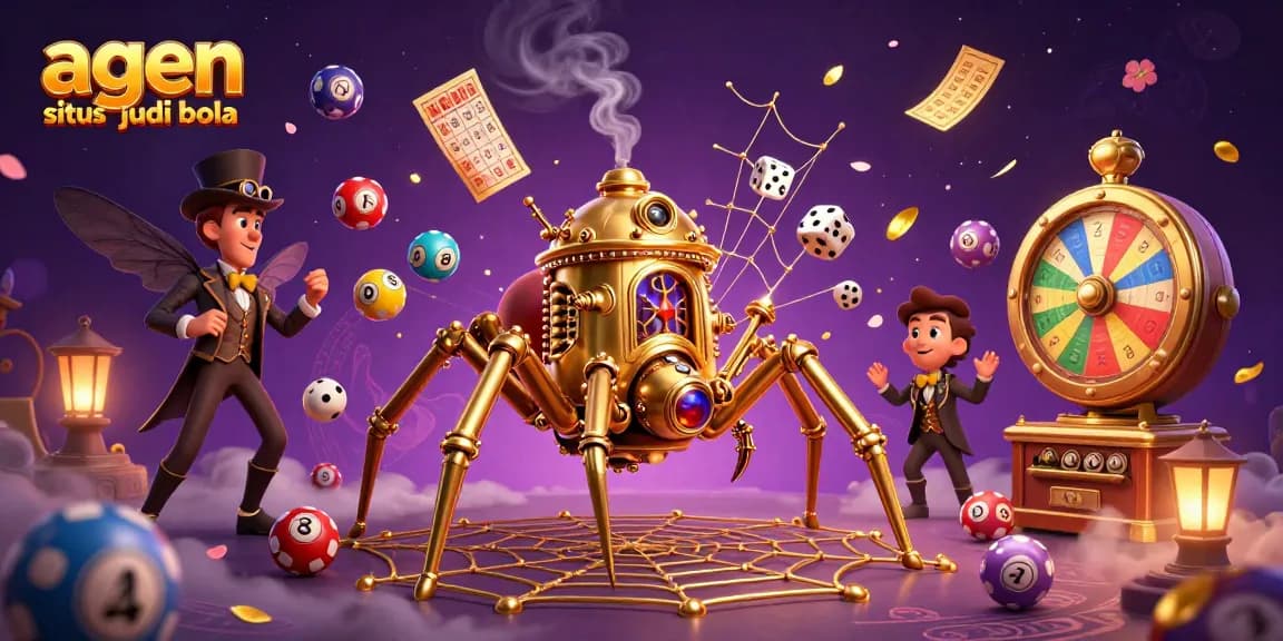 Engage with agen situs judi bola in this dynamic gambling scene featuring a steampunk spider and lottery elements.