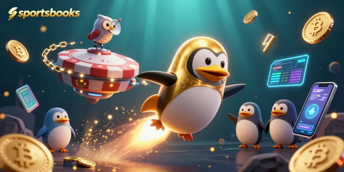 Experience sportsbooks thrill with a vibrant penguin and crypto elements in space.
