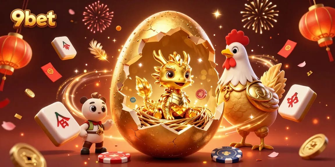 Engage with 9bet's vibrant golden dragon-themed casino illustration showcasing festive elements.