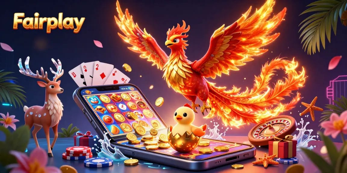 Engage with Fairplay's vibrant casino moment featuring a phoenix and gaming elements bursting with excitement.