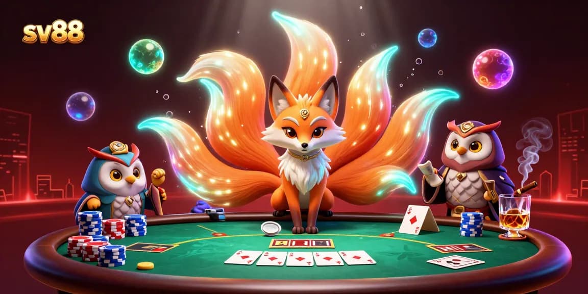 Place thrilling bets at sv88 while viewing a magical 3D casino scene with colorful spirits and poker action.