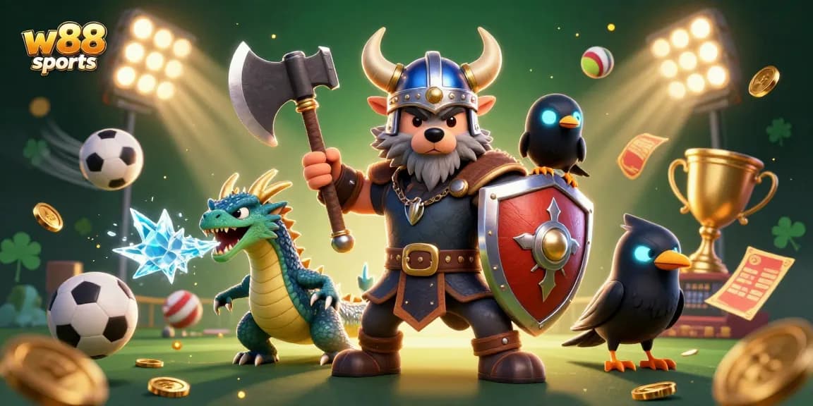 Engage in w88 sports action with a Viking wolf warrior and dragon amid dynamic game elements.