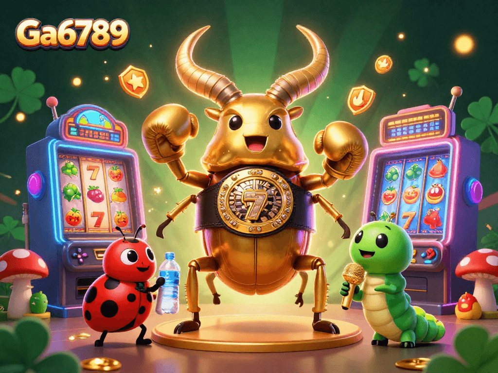 Engage with Ga6789's dynamic casino gaming scene featuring a boxing beetle champion and vibrant slot machines.