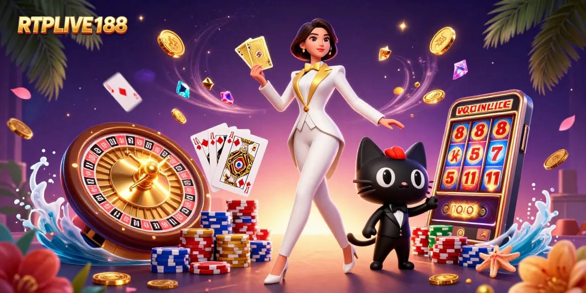 Putar dan menangkan dengan suasana kasino RTPLIVE188 yang cerah, menampilkan slot dan chip poker.