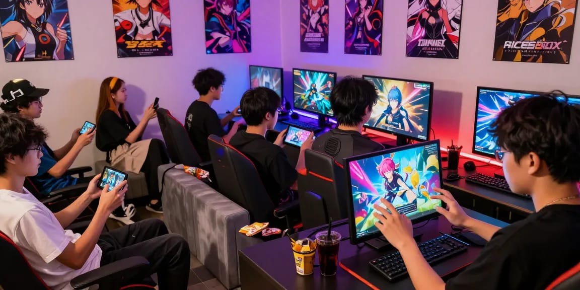 Group of players enjoying hentai games on mobile devices in a vibrant gaming lounge.