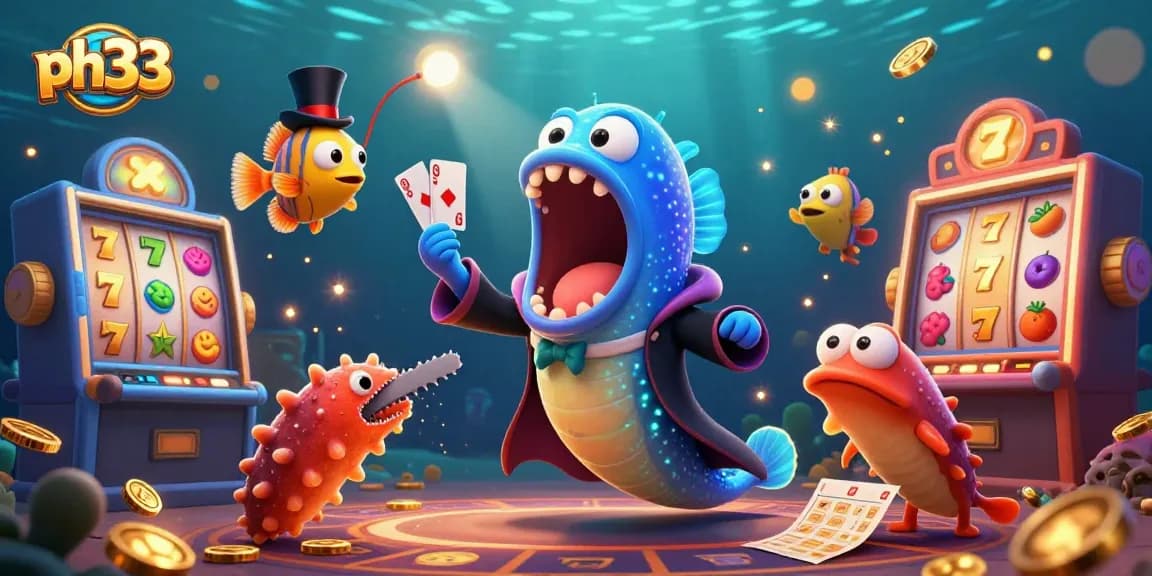 Experience casino magic with ph33, featuring vibrant slot machines and entertaining aquatic characters.