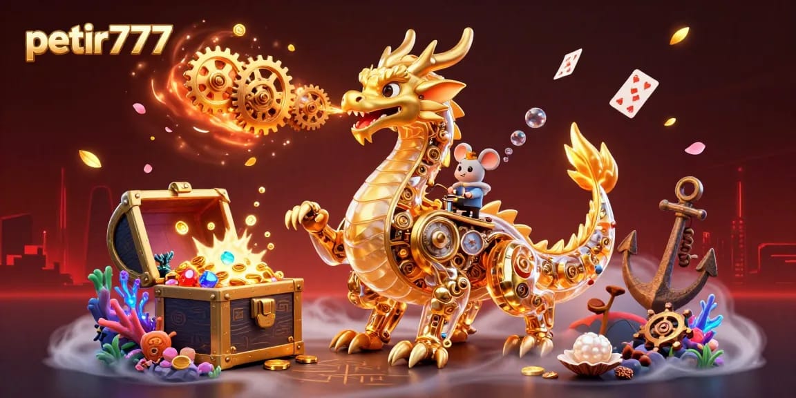 Experience thrilling action with petir777 as a golden dragon breathes gold gears surrounded by vibrant gems.