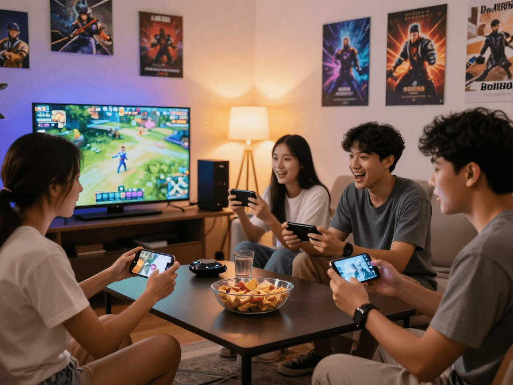 Mga Pilipinong gamer na gumagamit ng bd188 platform para sa mobile gaming sa isang modernong sala.