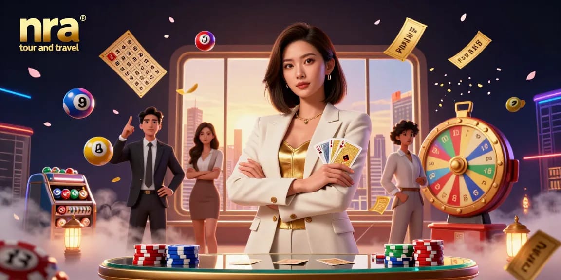 Win big with nra tour and travel as a glamorous Asian woman holds golden cards amidst lively casino elements.
