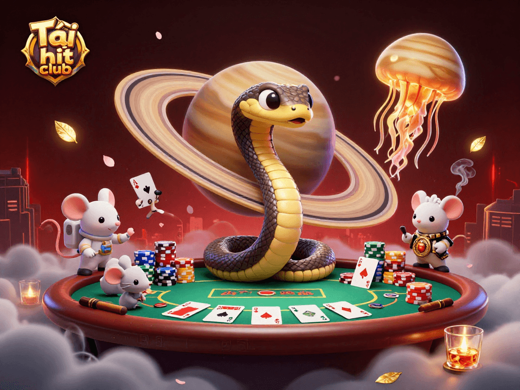 Place bets with Tải hit club in a vibrant cosmic casino scene featuring unique characters.