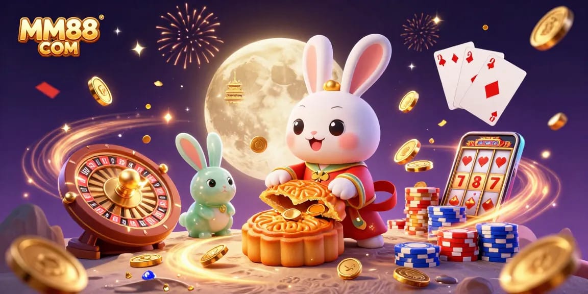 Win big with MM88 COM, featuring a moon rabbit and vibrant casino elements.