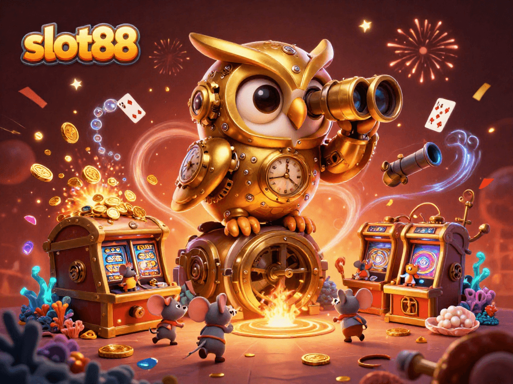 Slot88 menampilkan burung hantu emas berputar di kasino, dikelilingi tumpukan koin dan permainan menarik.