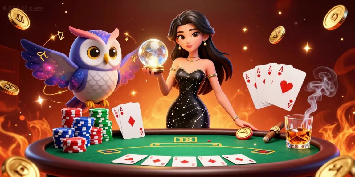 Engage in the exciting XX88 game experience with a vibrant, mystical casino scene filled with poker elements.