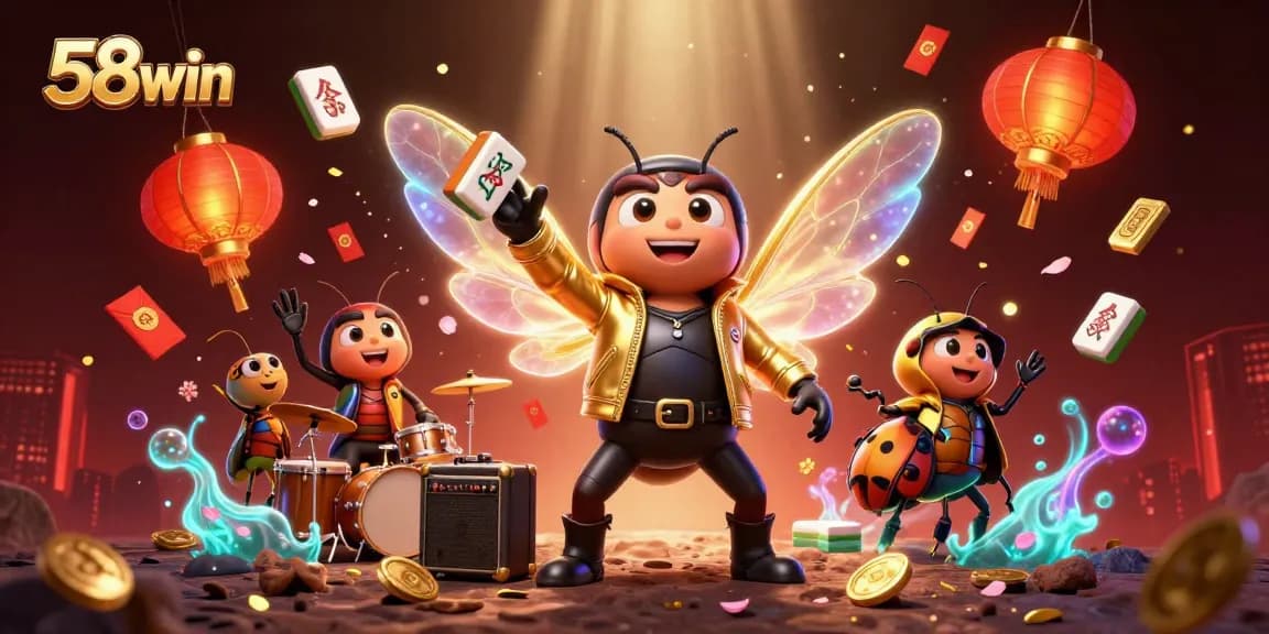 Experience thrilling casino action with 58win's vibrant 3D illustration of a rock star cicada and colorful game elements.
