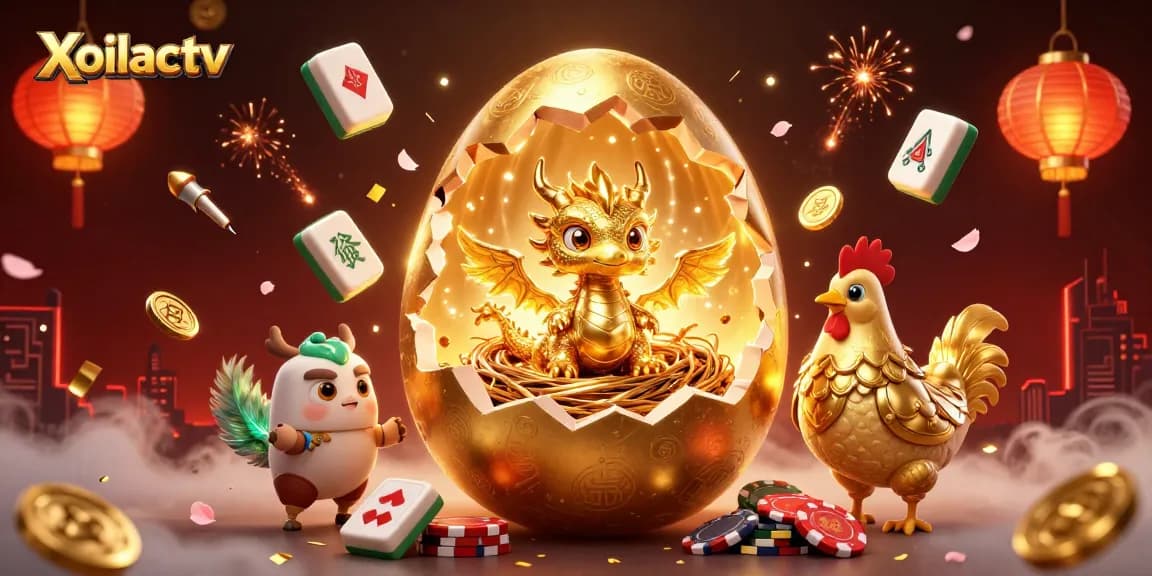 Xoilactv showcases an epic scene with a golden dragon and poker chips, creating thrilling gameplay excitement.