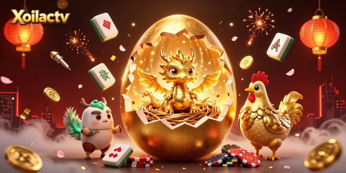 Xoilactv showcases an epic scene with a golden dragon and poker chips, creating thrilling gameplay excitement.