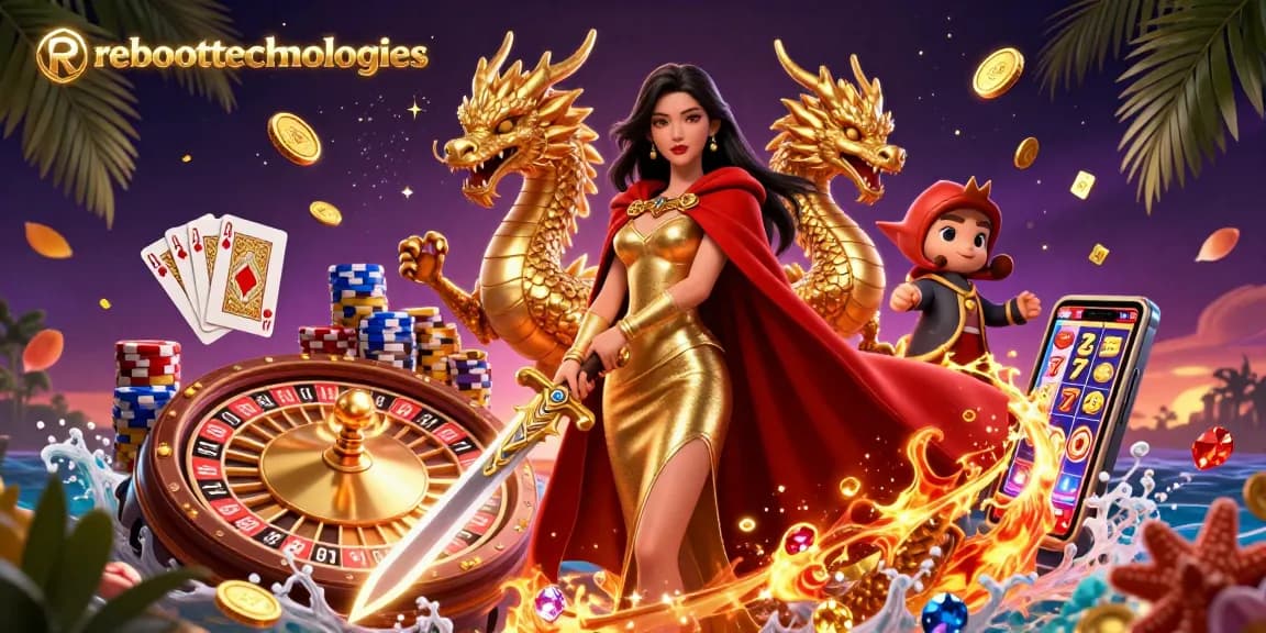 Engage in the thrill of the casino with reboottechnologies, featuring a warrior queen and golden dragon amidst vibrant slot machine reels.