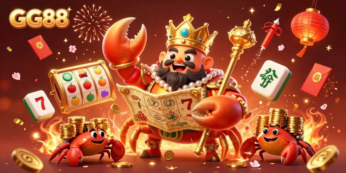 Spin to win with GG88's vibrant 3D casino scene featuring a golden crab emperor and rich game symbols.