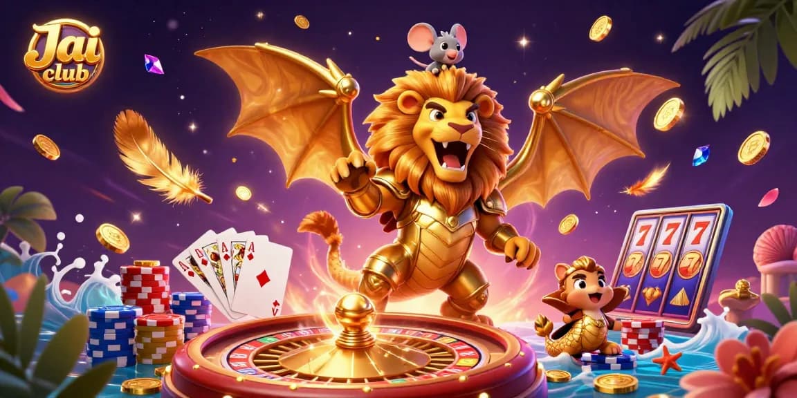 Engage in captivating gameplay at Jai club with a dynamic 3D illustration showcasing vibrant casino elements.