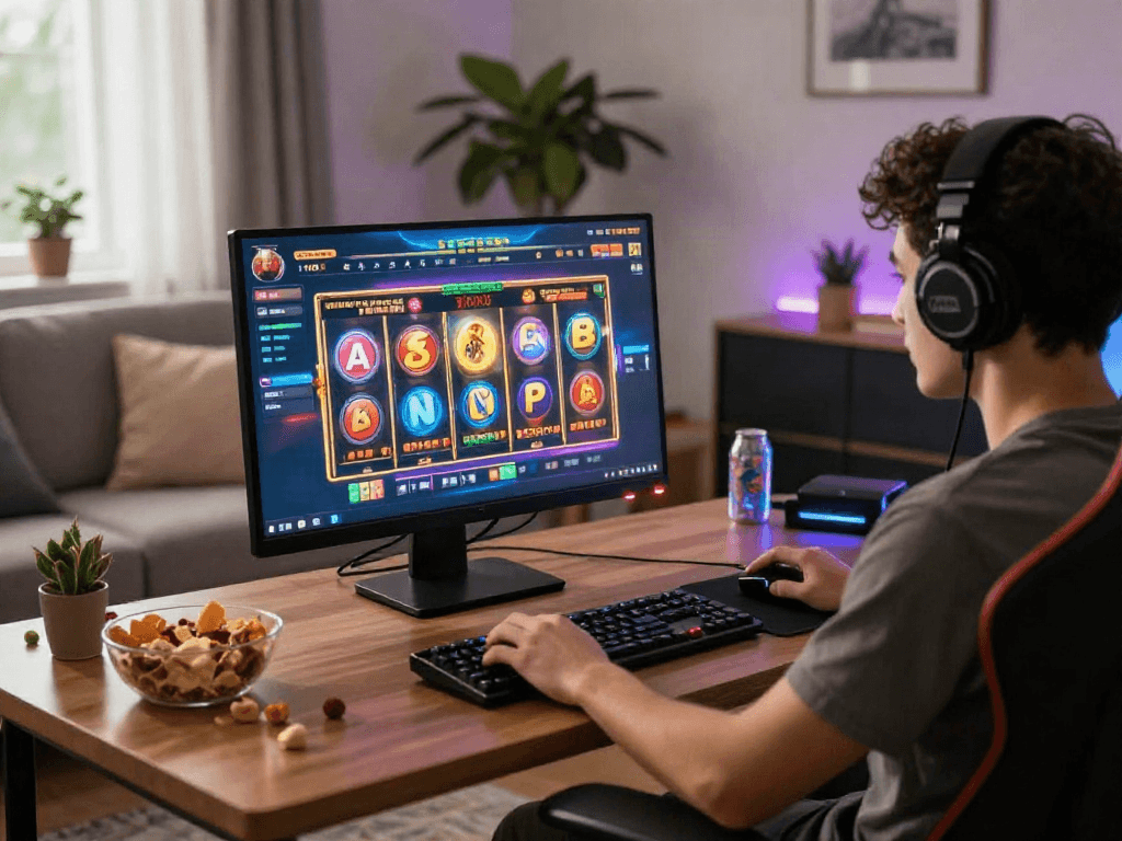 Experience the thrill of slot88 gaming with a vibrant online interface and cozy home setup.