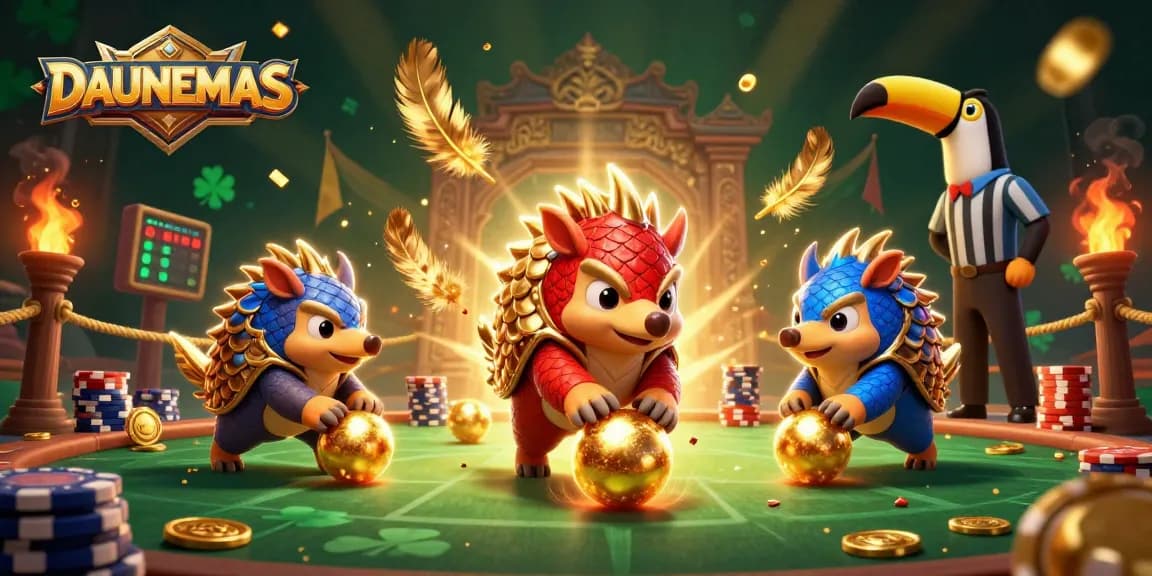 DAUNEMAS pangolins rolling golden balls in a vibrant casino scene with poker chips and confetti