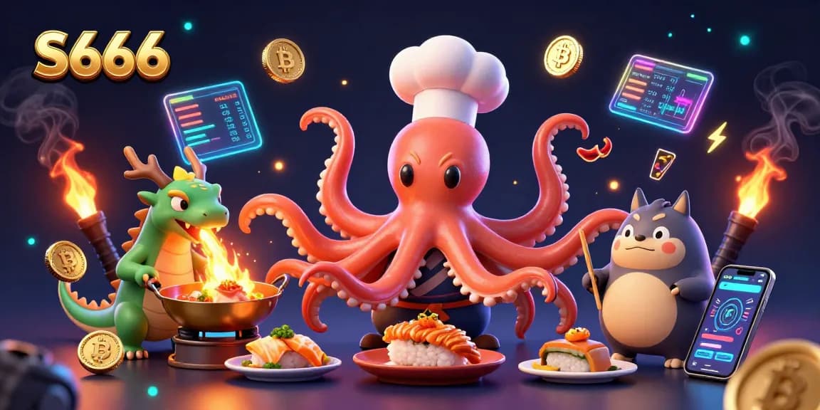 S666 entertains gambling enthusiasts with vibrant characters and crypto elements amidst a casino atmosphere.