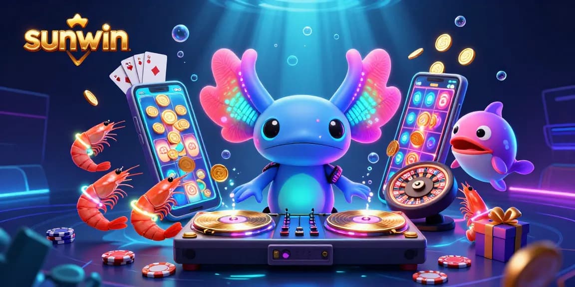 Experience sunwin's vibrant gaming world with a lively DJ and neon characters amid colorful casino elements.