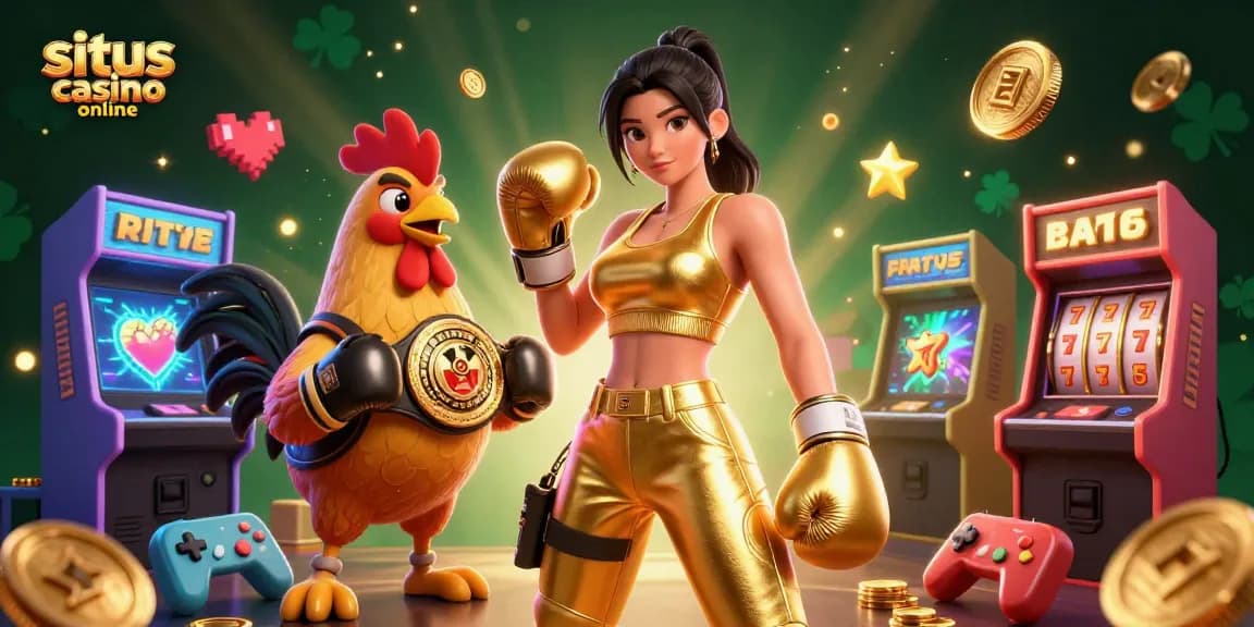 Experience excitement at situs casino online with a dynamic 3D illustration showcasing a championship scene of skilled players.