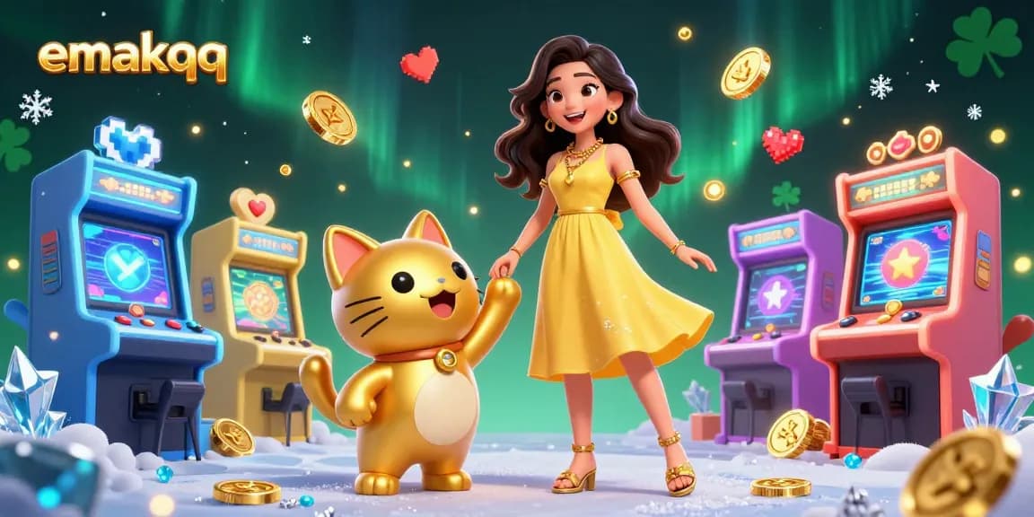 Win big with emakqq, an online gaming platform featuring vibrant characters and casino elements.