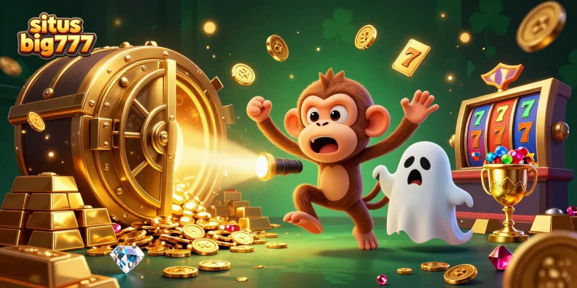Engage with situs big777 featuring lively casino elements like slot reels and a playful monkey in an enchanted scene.