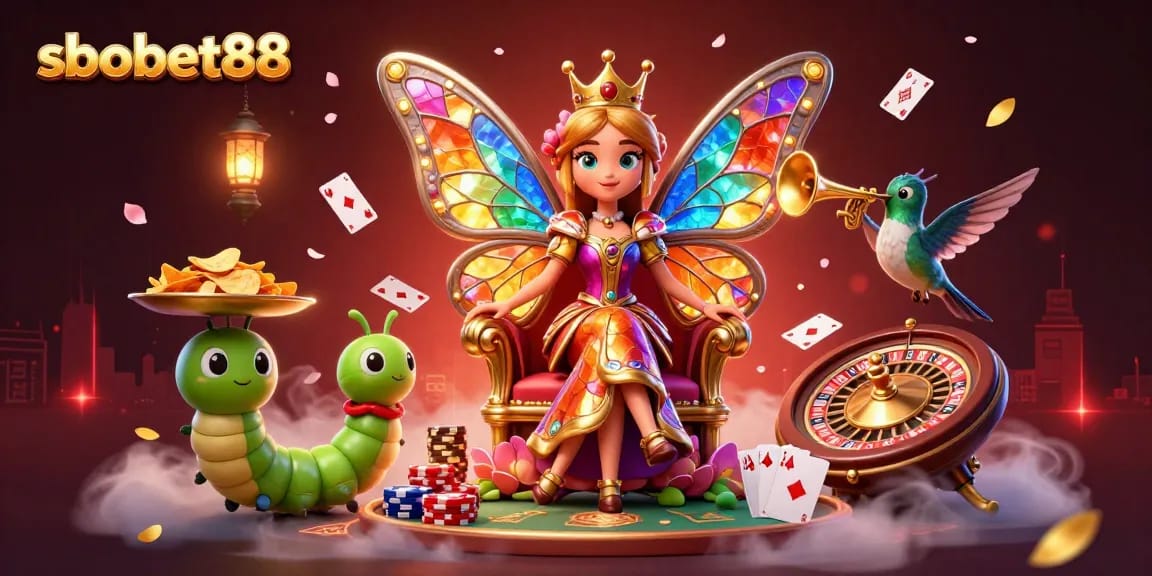 Bet on sbobet88 with the butterfly queen and poker elements in a vibrant casino scene.