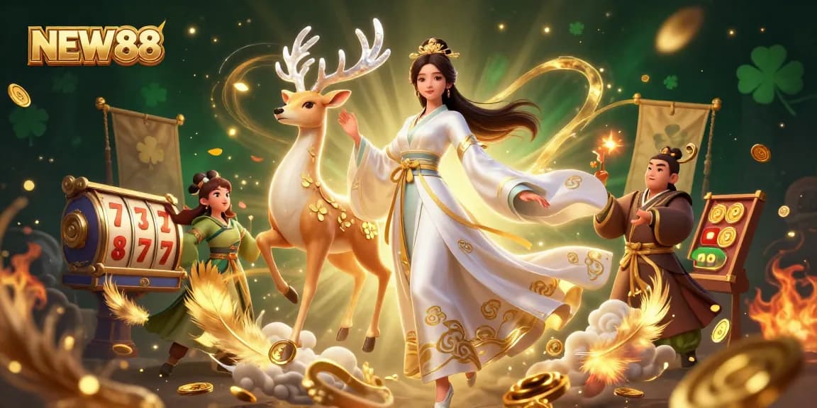 Experience the captivating world of NEW88 with a gorgeous Asian woman and celestial deer celebrating gambling wins amidst dazzling casino elements.