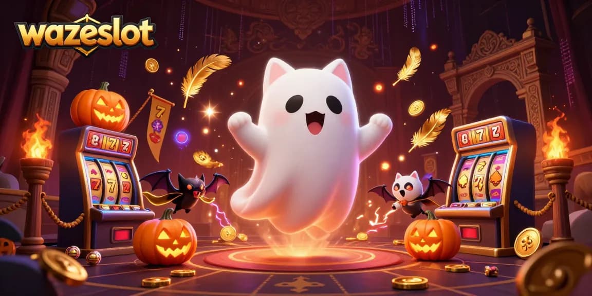 Bet big with wazeslot as a friendly ghost cat and a bat explore a haunted casino.