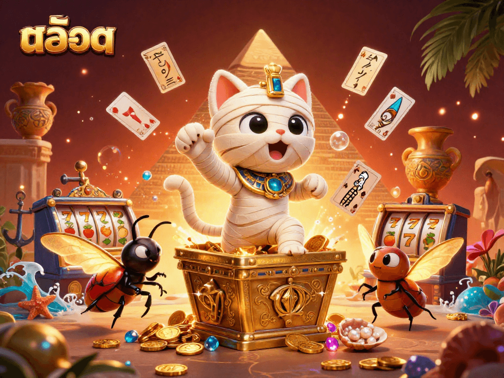 Engage with สล็อต as the Egyptian mummy cat bursts from a sarcophagus in this vibrant casino scene.