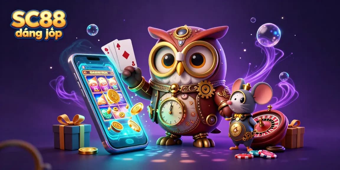 Engage with SC88 đăng nhập through vibrant 3D casino graphics featuring a cartoon owl and slot games.