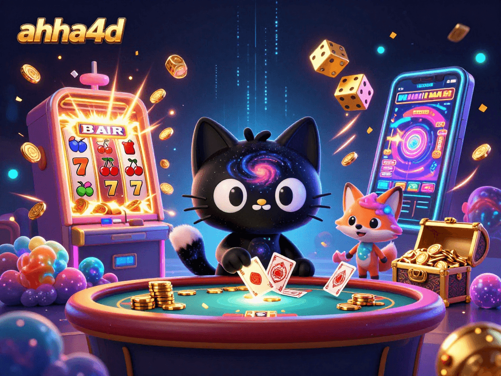 Memenangkan hadiah besar di ahha4d dengan kucing lubang hitam 3D dan mesin slot jackpot yang berkilauan.